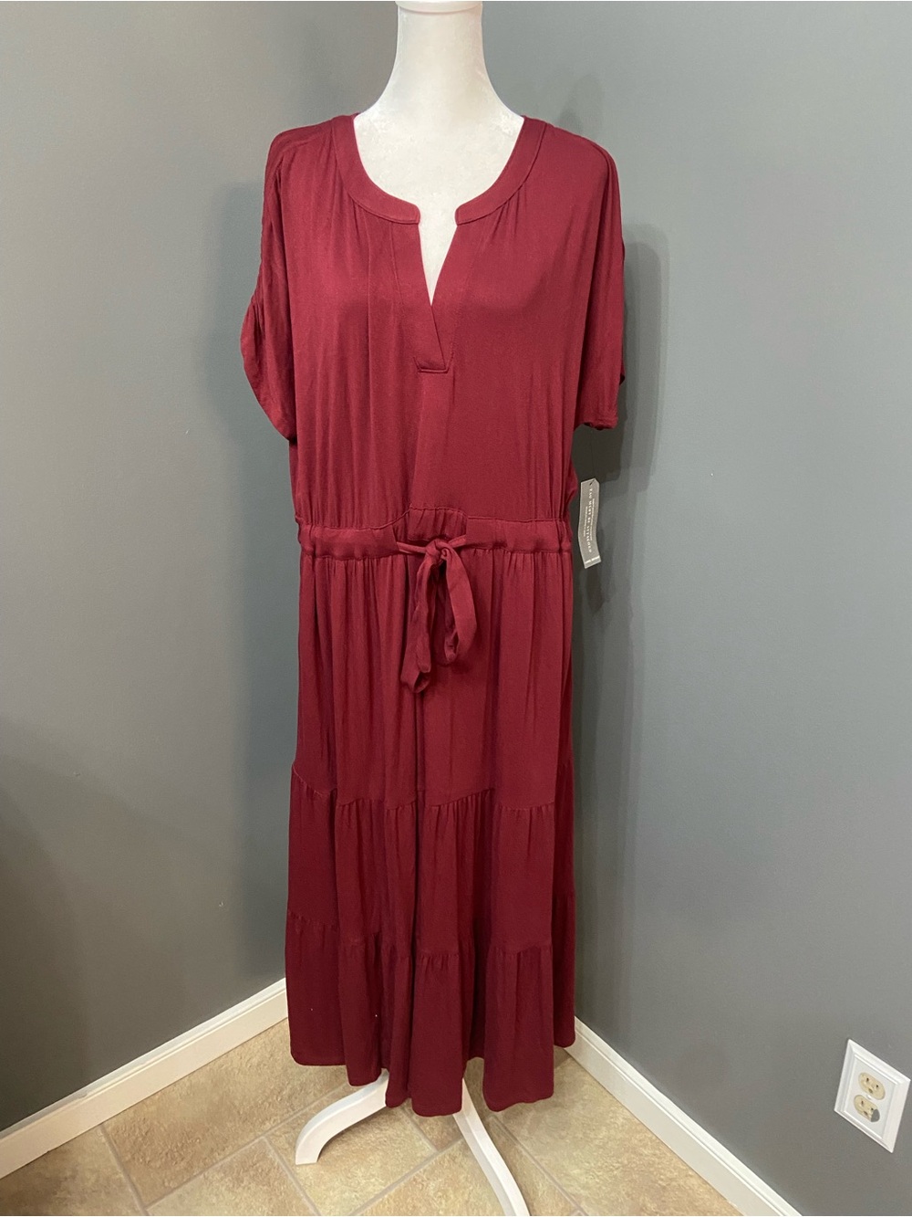 NWT Lane Bryant Plus Size 18/20 Burgundy Tiered MIDI Dress W/Tie Waist & Pockets
